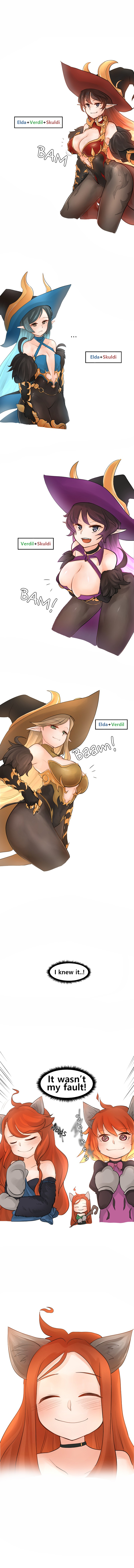 absurdres, black_eyes, blonde_hair, blue_hair, breast_conscious, breasts, dungeon_and_fighter, elda_(dungeon_and_fighter)