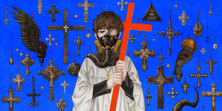 1boy, 666, apple, bangs, black_eyes, black_hair, black_wings, celtic_cross, chazy, cross, cross_necklace, crucifixion, eye_of_providence, eyeball, fate_(series), fingernails, food, fruit, gas_mask, habit, hands, highres, holding, horn, infinity, inverted_cross, iron_cross, jesus, jewelry, kotomine_kirei, latin_cross, long_fingernails, long_sleeves, male_focus, nail_polish, necklace, one_eye_covered, peace_symbol, pentagram, pitchfork, red_nails, rosary, sharp_fingernails, solo, star, upper_body, wings