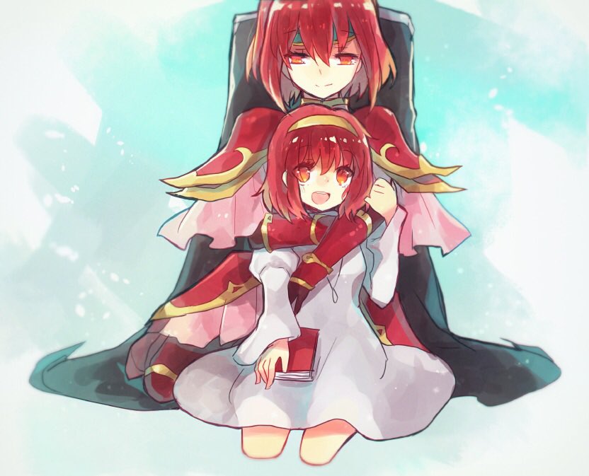 2girls, armor, book, cape, fire_emblem, fire_emblem:_mystery_of_the_emblem, fire_emblem:_shin_ankoku_ryuu_to_hikari_no_tsurugi, hair_ornament, hug, hug_from_behind, kneeling, looking_at_viewer, maria_(fire_emblem), minerva_(fire_emblem), multiple_girls, nunuko_(mu661129), pauldrons, redhead, siblings, sisters, skirt, smile