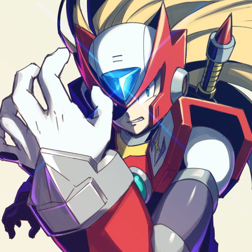 1boy, beam_saber, blonde_hair, blue_eyes, gem_on_head, helmet, highres, long_hair, looking_at_viewer, mega_man_(series), mega_man_x_(series), robot, rockman, rockman_x, zero_(mega_man), zero_(rockman)