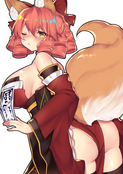 >:c, 1girl, alternate_color, animal_ears, ass, between_buttocks, bow, breasts, fate/extra, fate/grand_order, fate_(series), fox_ears, fox_tail, hair_bow, japanese_clothes, large_breasts, maroon_dress, osiimi, pink_hair, short_hair, solo, tail, tamamo_(fate)_(all), tamamo_no_mae_(fate), wince, yellow_eyes