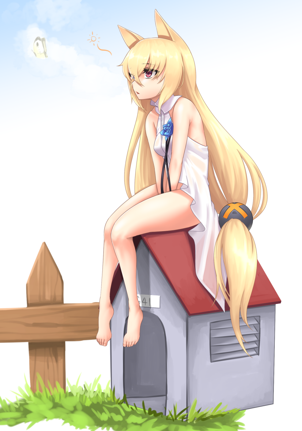 1girl, animal_ears, bare_shoulders, barefoot, blonde_hair, blue_eyes, butterfly, cloel