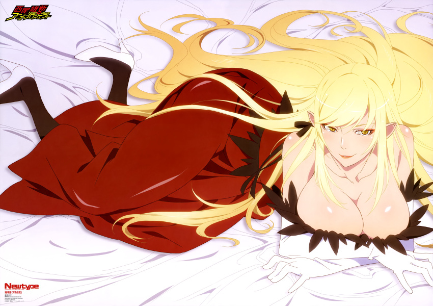 1girl, absurdres, bare_shoulders, bed_sheet, black_legwear, blonde_hair, blush, breasts