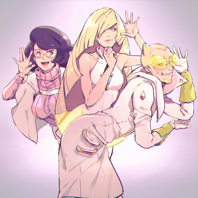 1boy, 2girls, bent_over, blonde_hair, blue_eyes, blush, embarrassed, glasses