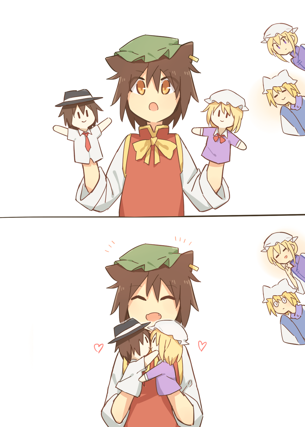 2koma, 3girls, :>, animal_ears, blonde_hair, brown_eyes, brown_hair, cat_ears, chen, closed_eyes, comic, green_hat, hand_puppet, hat, highres, jewelry, kiss, maribel_hearn, multiple_girls, open_mouth, puppet, relationshipping, short_hair, silent_comic, single_earring, solo_focus, touhou, upper_body, usami_renko, violet_eyes, wide_sleeves, xinhao, yakumo_ran, yakumo_yukari, yuri