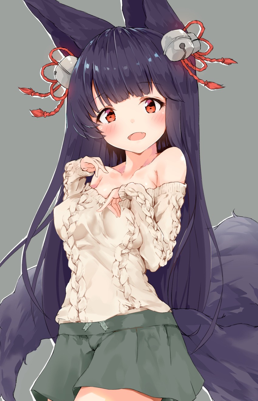 1girl, alternate_costume, animal_ears, aran_sweater, bad_hands, bell, blush, breasts