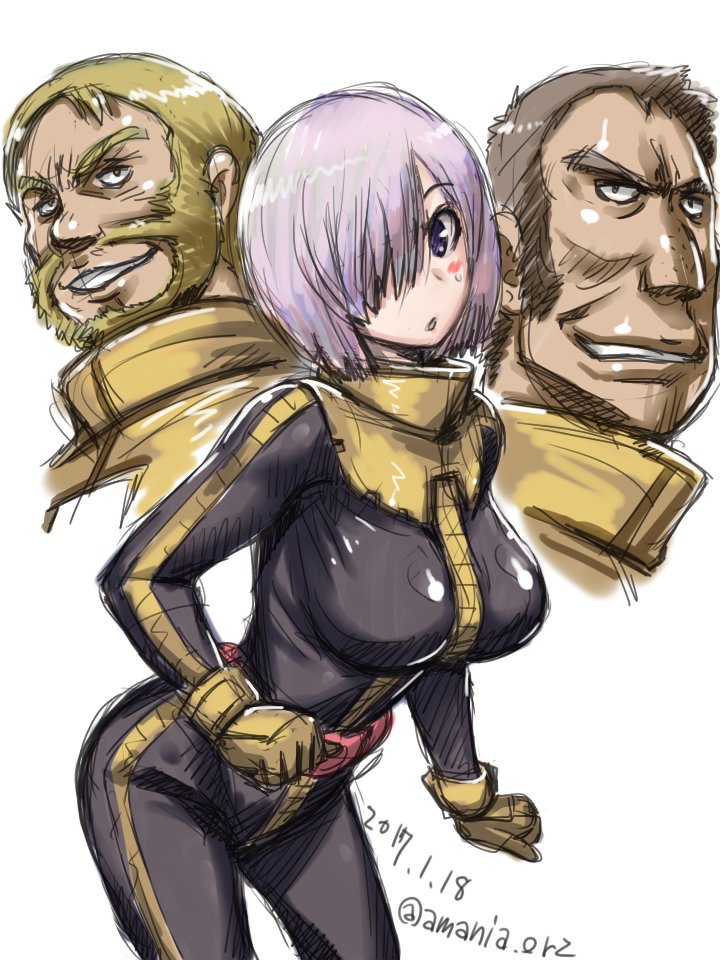 1girl, 2boys, :o, amania_orz, beard, belt, black_tri-stars, blonde_hair