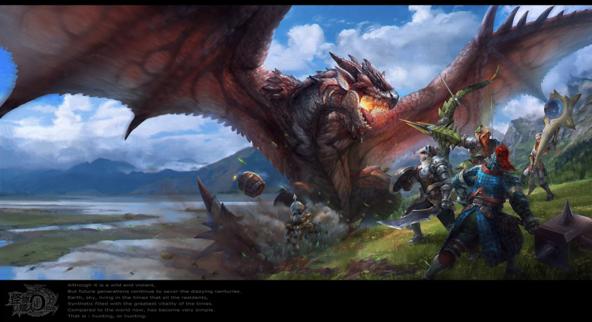 2boys, 2girls, armor, barrel, belt, bow_(weapon), breastplate, brown_hair, cat, cat_tail, claws, clouds, cloudy_sky, dark_skin, dragon, dust_cloud, engrish, felyne, fighting_stance, flying, full_armor, gauntlets, grass, greaves, hammer, helmet, highres, holding, holding_bow_(weapon), holding_shield, holding_sword, holding_weapon, huge_weapon, hunting_horn, knight, long_hair, looking_at_another, monster_hunter, mountain, multiple_boys, multiple_girls, open_mouth, outdoors, pauldrons, ranguage, rathalos, rathian_(armor), redhead, shield, sky, spikes, sword, tail, velociprey_(armor), weapon, wings, zhonglu999