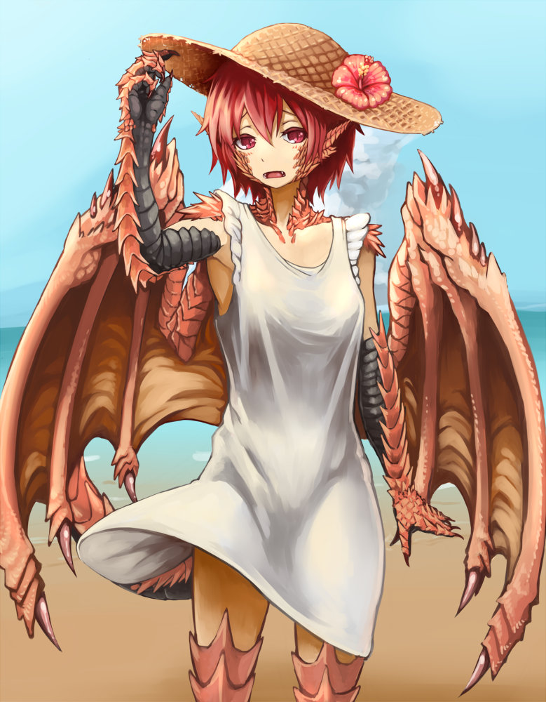 1girl, beach, blue_sky, dragon_girl, dragon_wings, dress, fang, female