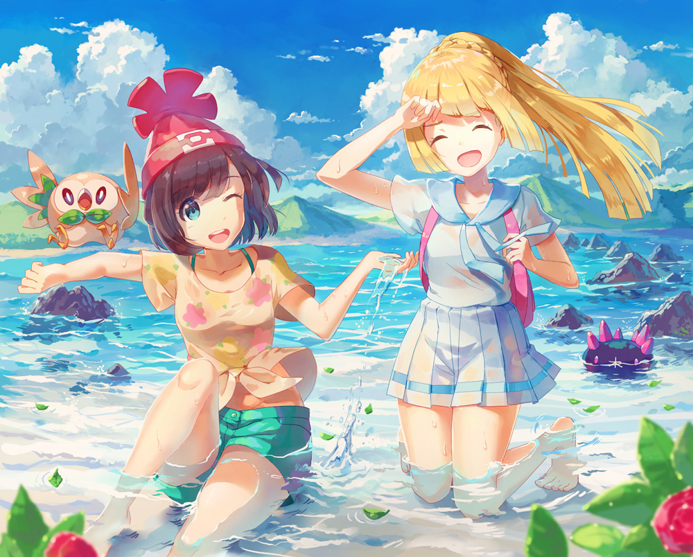 2girls, aqua_shorts, bag, bangs, bare_arms, bare_legs, beanie, black_hair