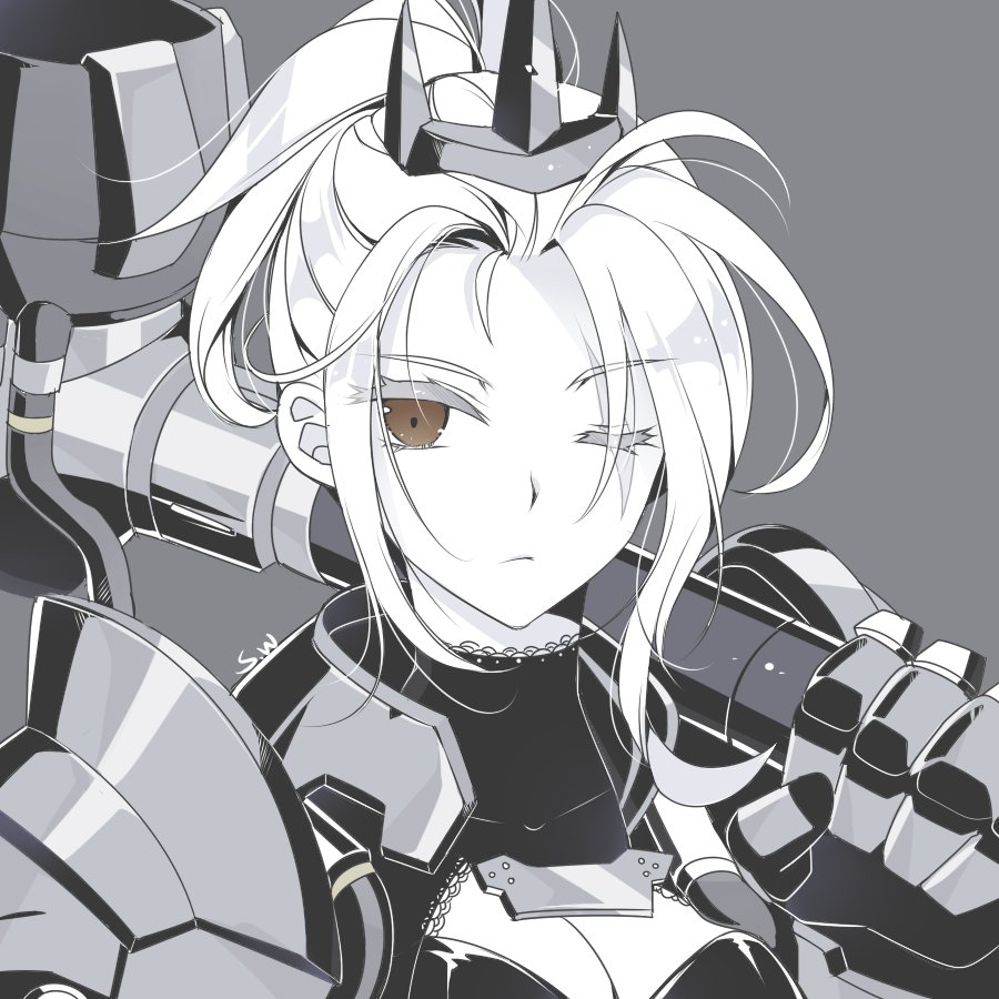 1girl, armor, artist_name, atobesakunolove, breasts, brown_eyes, cleavage, cleavage_cutout