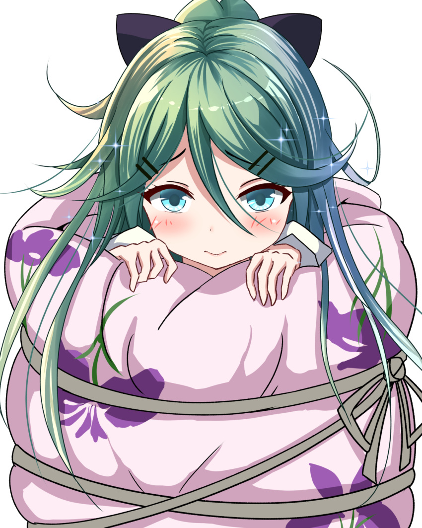 1girl, blanket, blue_eyes, bound, cosplay, denpa_onna_to_seishun_otoko, eyebrows_visible_through_hair, eyelashes