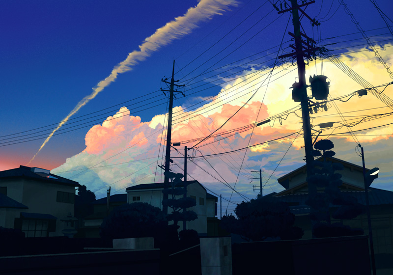 cloud, clouds, condensation_trail, contrail, contrails, dark, power_lines, scenery