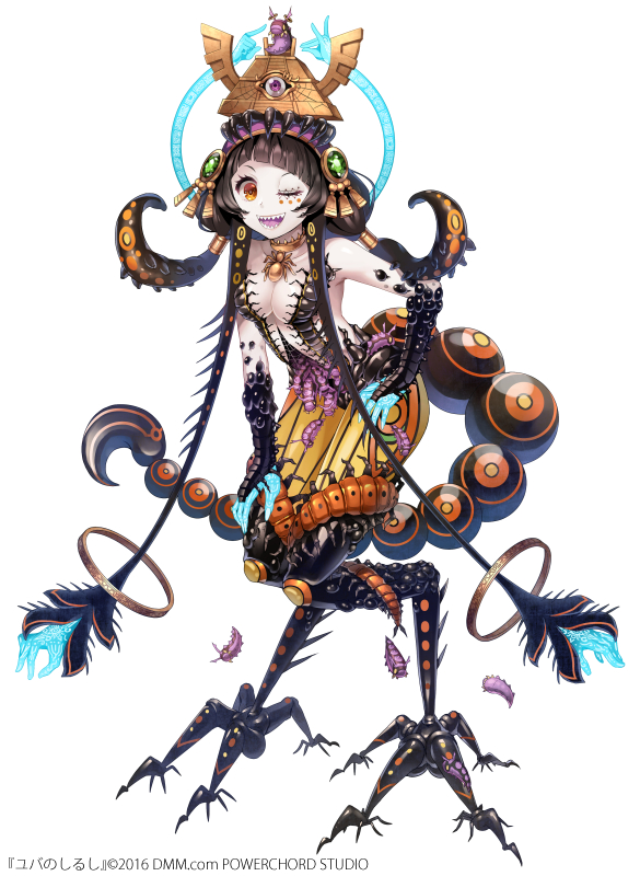 1girl, brown_hair, carapace, centipede, character_request, choker, extra_arms, full_body