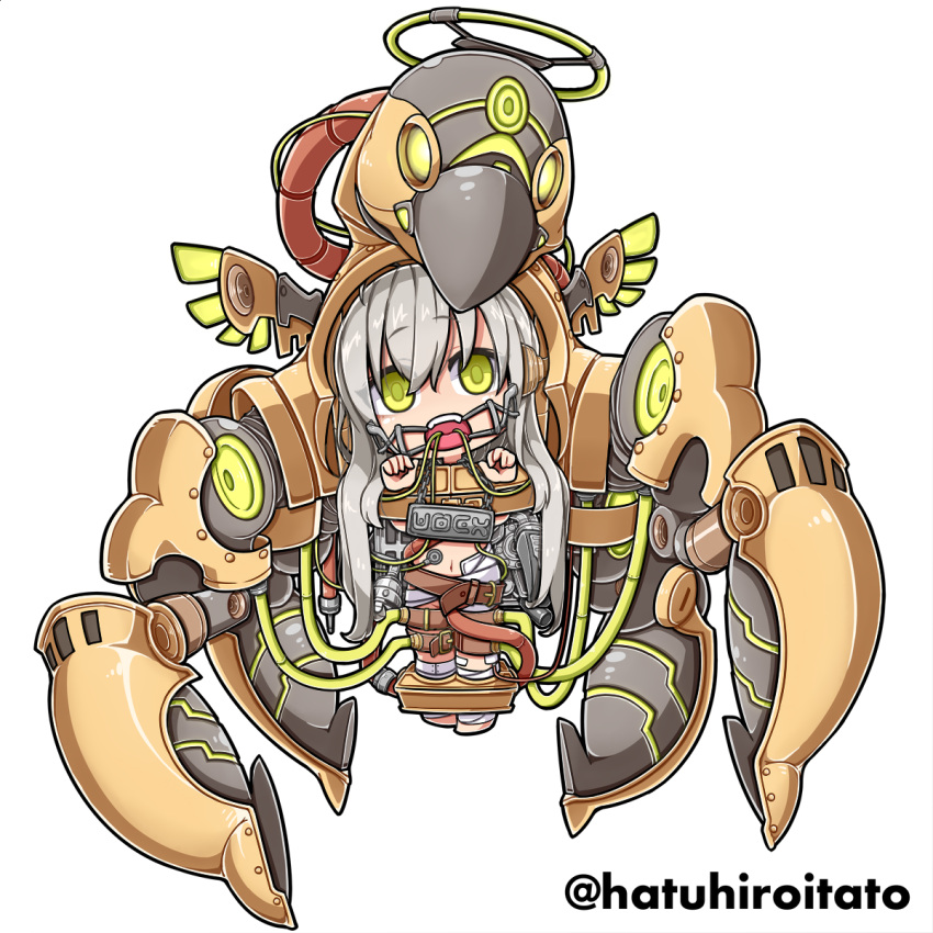 1girl, ankle_cuffs, bandage, beltskirt, bound, bound_ankles, bound_wrists, cable, catheter, character_request, chibi, dental_gag, full_body, green_eyes, hanging, highres, machine, mecha, platinum_blonde, restrained, shokuyou_pants, sign, tube, yuba_no_shirushi