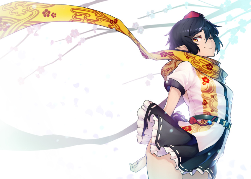 1girl, ass, backlighting, belt, black_hair, black_skirt, blouse, hat