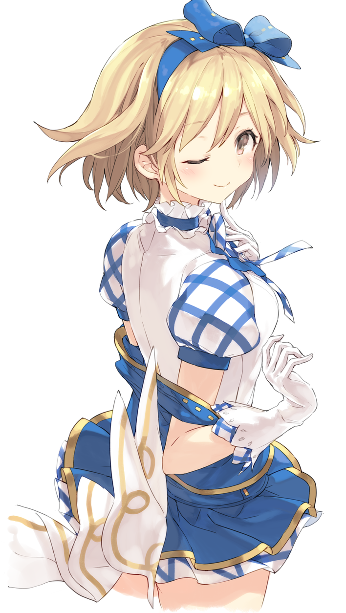1girl, ;), a_(nanananaaannaa), bangs, blonde_hair, blush, bow, brown_eyes, cowboy_shot, djeeta_(granblue_fantasy), dress, finger_to_chin, from_behind, gloves, granblue_fantasy, hair_bow, hairband, highres, kimi_to_boku_no_mirai, looking_at_viewer, looking_back, one_eye_closed, puffy_short_sleeves, puffy_sleeves, short_hair, short_sleeves, simple_background, smile, solo, white_background, white_gloves
