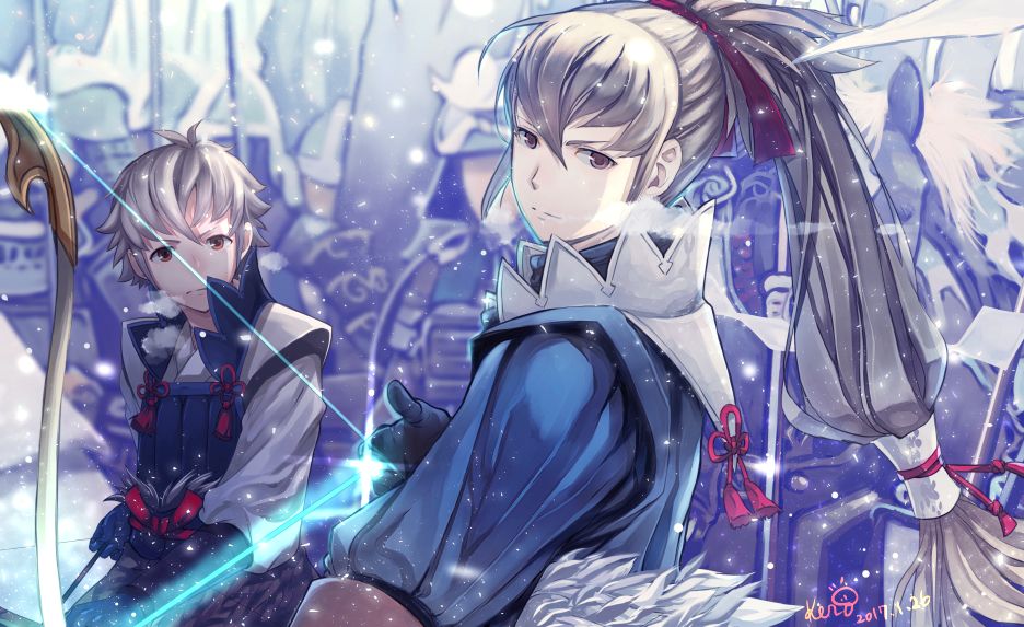 2boys, arrow, artist_name, bow_(weapon), father_and_son, fire_emblem, fire_emblem_if, fur_trim
