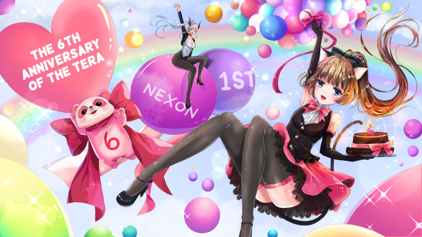 1boy, 2girls, animal_ears, arm_up, armpits, artist_request, balloon, black_legwear