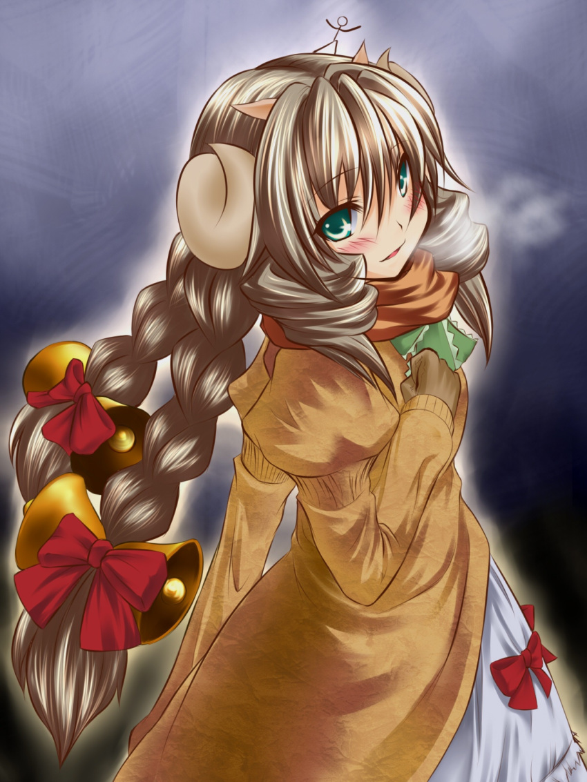 bell, blush, bow, braid, brown_hair, dress, gloves, green_eyes