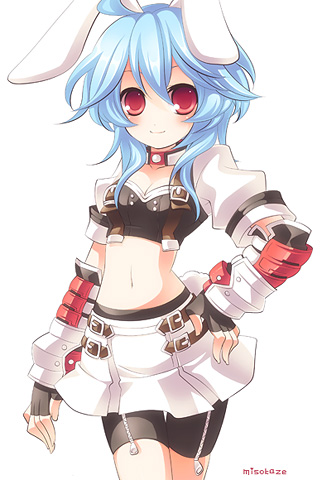 blue_hair, bunny_(trickster), bunny_ears, choker, fingerless_gloves, gloves, lowres, midriff