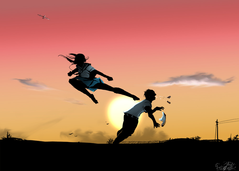 clothing_thief, dentures, dynamic_entry, falling, false_teeth, flying_kick, kick, kicking