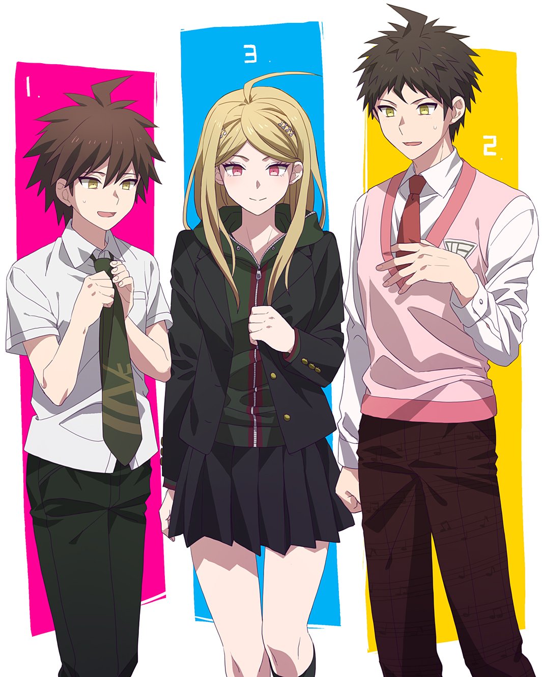 1girl, 2boys, ahoge, akamatsu_kaede, akamatsu_kaede_(cosplay), black_legwear, blazer, blonde_hair, brown_hair, cosplay, costume_switch, dangan_ronpa, dangan_ronpa_1, green_necktie, height_difference, highres, hinata_hajime, hinata_hajime_(cosplay), hood, hoodie, jacket, kneehighs, long_hair, multiple_boys, musical_note, musical_note_hair_ornament, naegi_makoto, naegi_makoto_(cosplay), necktie, new_dangan_ronpa_v3, number, okuragon, orange_necktie, pink_eyes, school_uniform, short_hair, simple_background, smile, super_dangan_ronpa_2, sweatdrop, sweater_vest, white_background, yellow_eyes