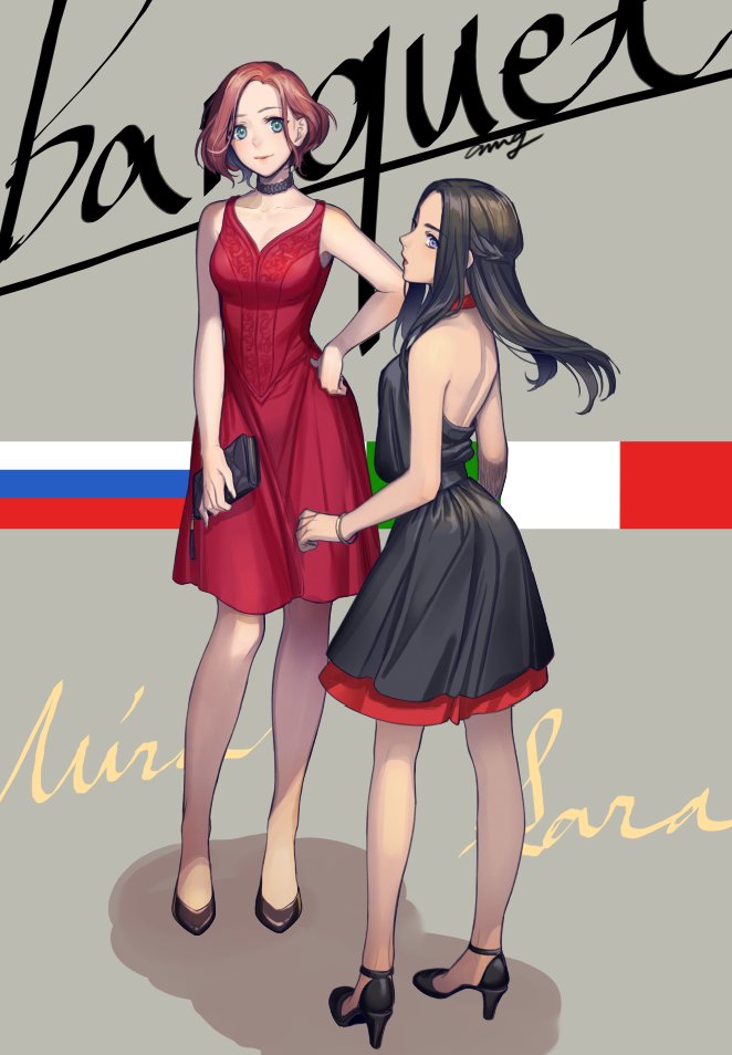 2girls, artist_name, artist_request, bag, bangs, bare_legs, bare_shoulders, black_dress