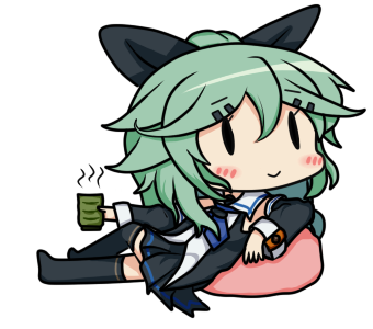 1girl, :>, bamomon, black_legwear, black_ribbon, chibi, commentary_request, cup