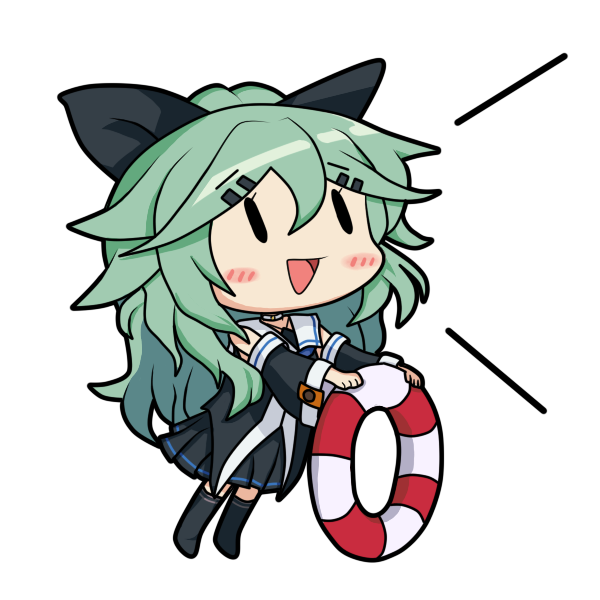 1girl, :>, bamomon, black_legwear, black_ribbon, chibi, commentary_request, detached_sleeves