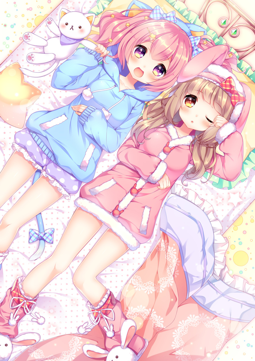 2girls, :<, :d, ;o, absurdres, animal_ears, animal_hood, bangs