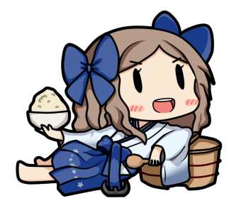 1girl, asakaze_(kantai_collection), bamomon, blush, bow, bowl, brown_hair, chibi