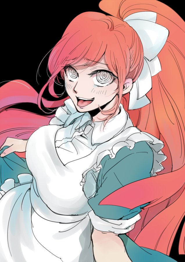 1girl, apron, black_background, blue_dress, dangan_ronpa, dangan_ronpa_3, dress, garo_(garorian520), hair_ribbon, high_ponytail, long_hair, looking_at_viewer, open_mouth, ponytail, ribbon, ringed_eyes, simple_background, smile, solo, spoilers, yukizome_chisa