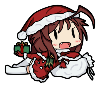 0_0, 1girl, ahoge, alternate_costume, bamomon, box, capelet, chibi