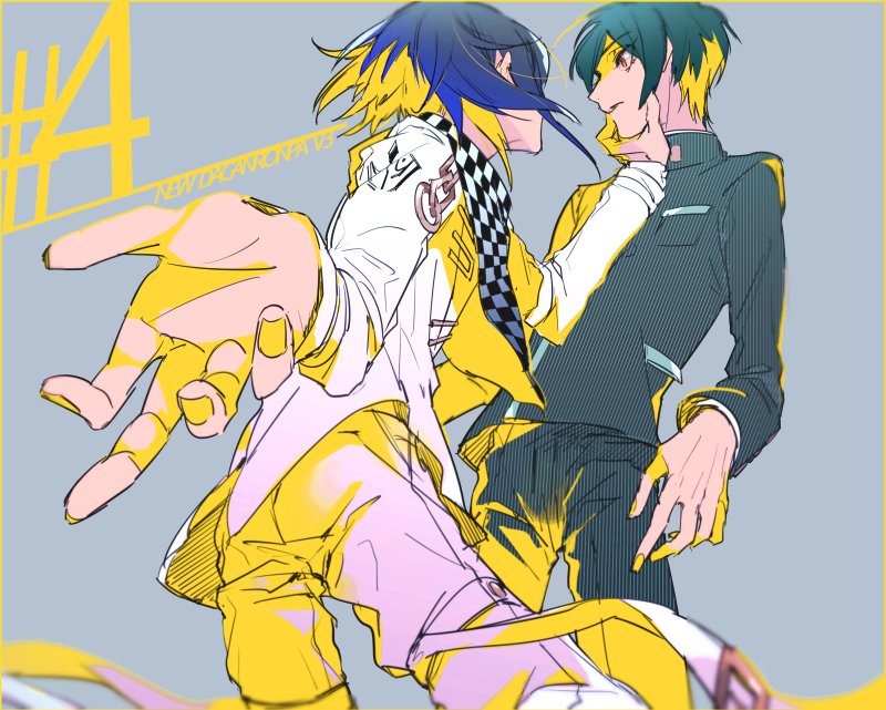 2boys, black_hair, chains, checkered_scarf, copyright_name, dangan_ronpa, gakuran, grey_background, hand_on_another's_face, male_focus, me_(lililico), multiple_boys, new_dangan_ronpa_v3, ouma_kokichi, pinstripe_pattern, saihara_shuuichi, scarf, school_uniform, short_hair, simple_background, straitjacket