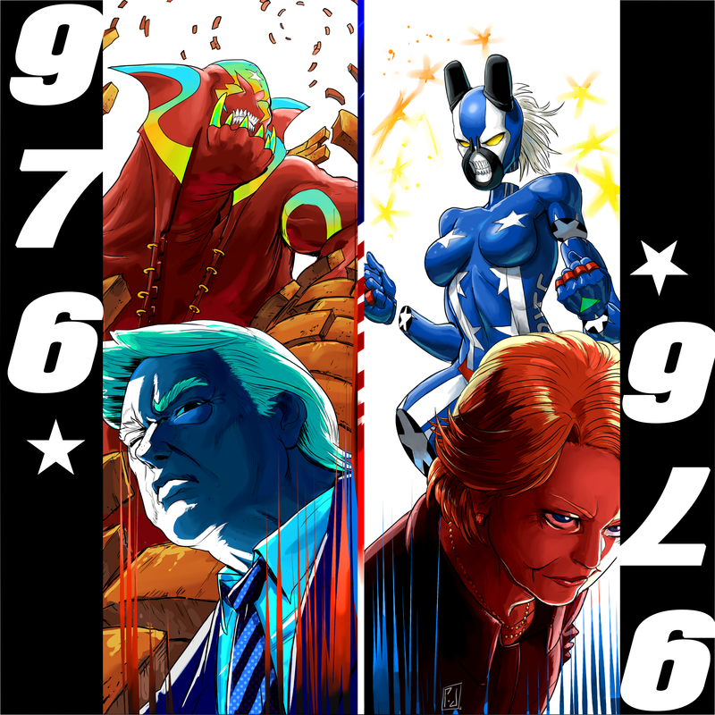 1boy, 1girl, america, breasts, donald_trump, forehead, hillary_clinton, jojo_no_kimyou_na_bouken, no_nipples, pablo_(parrot_man), parody, politician, politics, real_life, stand_(jojo), star, style_parody, wall