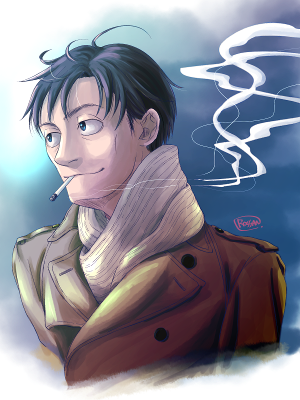 1boy, artist_name, beige_scarf, blue_eyes, brown_coat, cigarette, closed_mouth, coat