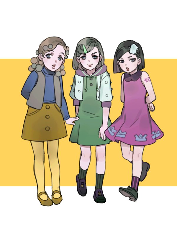 3boys, arms_behind_back, black_eyes, black_hair, brown_hair, cropped_jacket, crossdressinging, dress