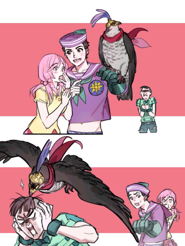 1girl, 2boys, 2koma, bird, black_eyes, black_hair, bow, bowtie