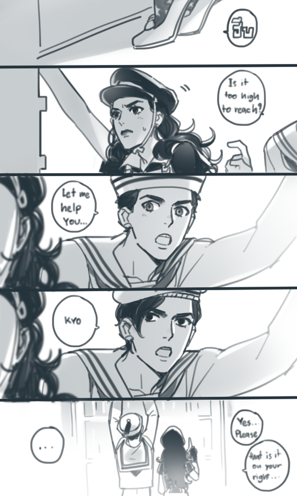 1girl, 2boys, comic, dixie_cup_hat, english, hat, higashikata_jousuke_(jojolion), jojo_no_kimyou_na_bouken, jojolion, kira_yoshikage_(jojolion), lipstick, makeup, military_hat, monochrome, motion_lines, multiple_boys, nijimura_kyou, open_mouth, reammara, sailor, sailor_hat, star, star_print, sweatdrop, tiptoes, tooth_gap