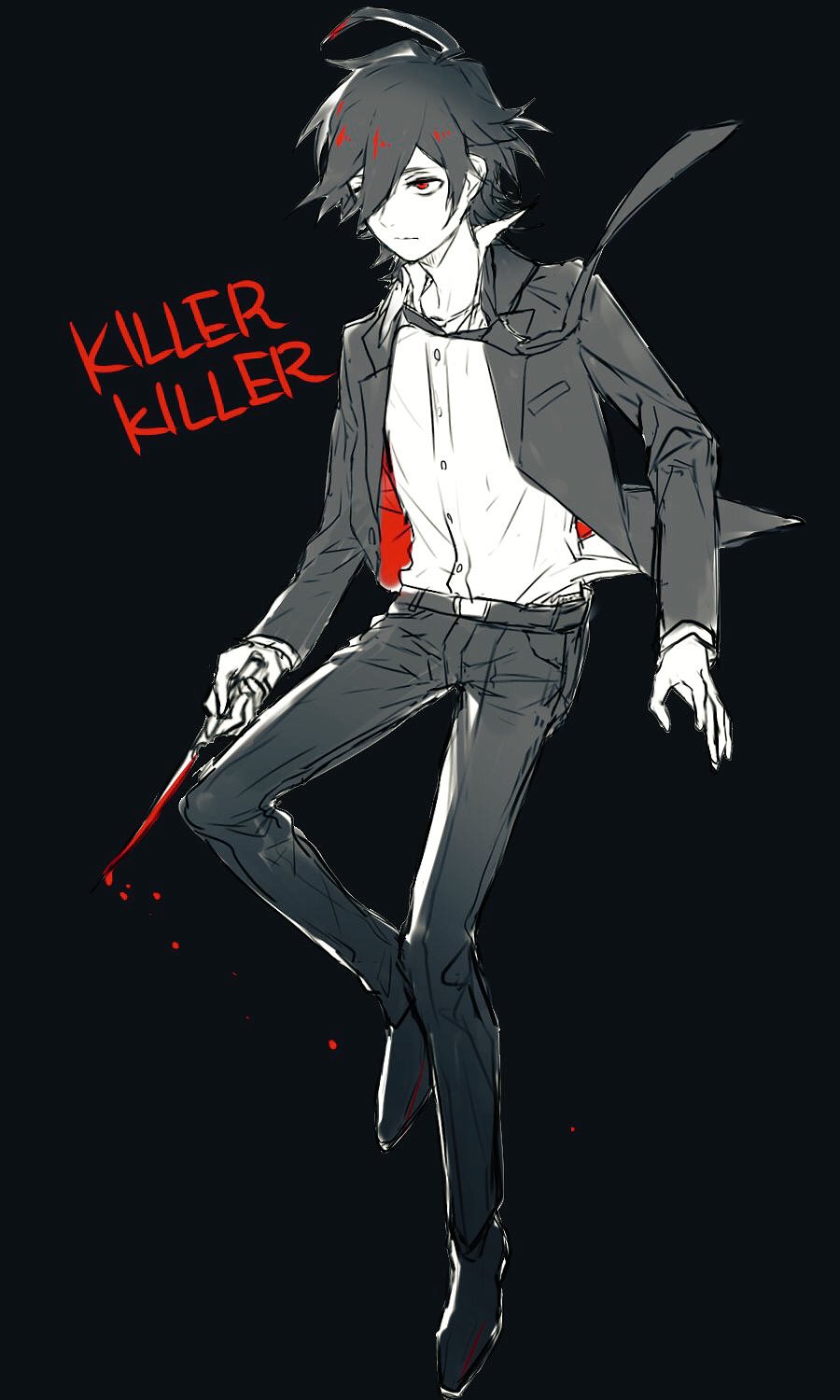 1boy, ahoge, black_background, black_hair, blood, copyright_name, dangan_ronpa, dangan_ronpa_gaiden:_killer_killer, floating, formal, hair_over_one_eye, highres, hijirihara_takumi, jacket, knife, looking_afar, male_focus, open_clothes, open_jacket, red_eyes, sanpaku, shanshan_(wwwwwcojp), short_hair, simple_background, sketch, solo, spot_color, suit