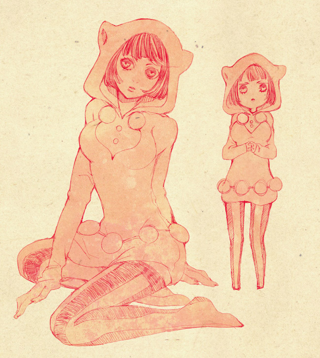 1girl, animal_ears, bangs, bear_ears, fake_animal_ears, higashikata_daiya, hood, jojo_no_kimyou_na_bouken, jojolion, kouyame, monochrome, no_shoes, sitting, solo, striped, striped_legwear, thigh-highs, vertical-striped_legwear, vertical_stripes