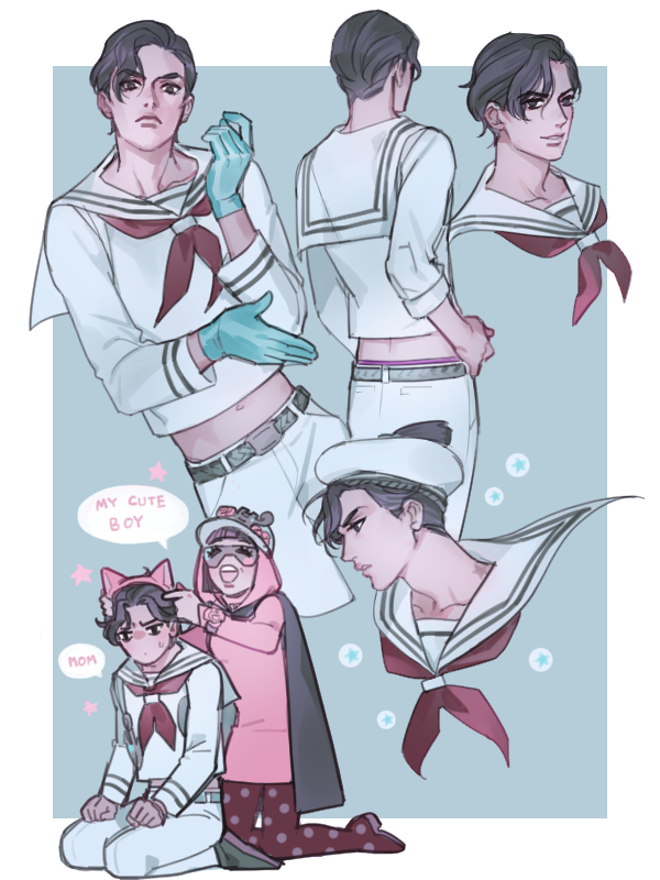 animal_ears, aqua_gloves, black_eyes, black_hair, bubble, cape, cat_ears, english, fake_animal_ears, frown, gloves, hat, holly_joestar-kira, hood, jojo_no_kimyou_na_bouken, jojolion, kira_yoshikage_(jojolion), kneeling, mother_and_son, navel, open_mouth, polka_dot, reammara, sailor, sailor_hat, seiza, sitting, smile, sunglasses, sweatdrop