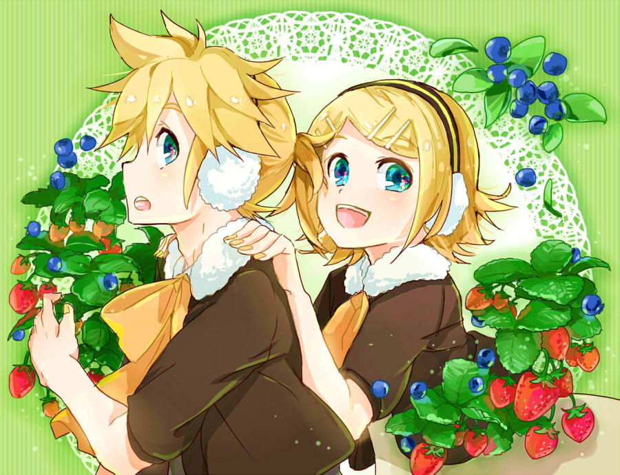 1boy, 1girl, asymmetry_l_(module), asymmetry_r_(module), blonde_hair, blue_eyes, blueberry, bow