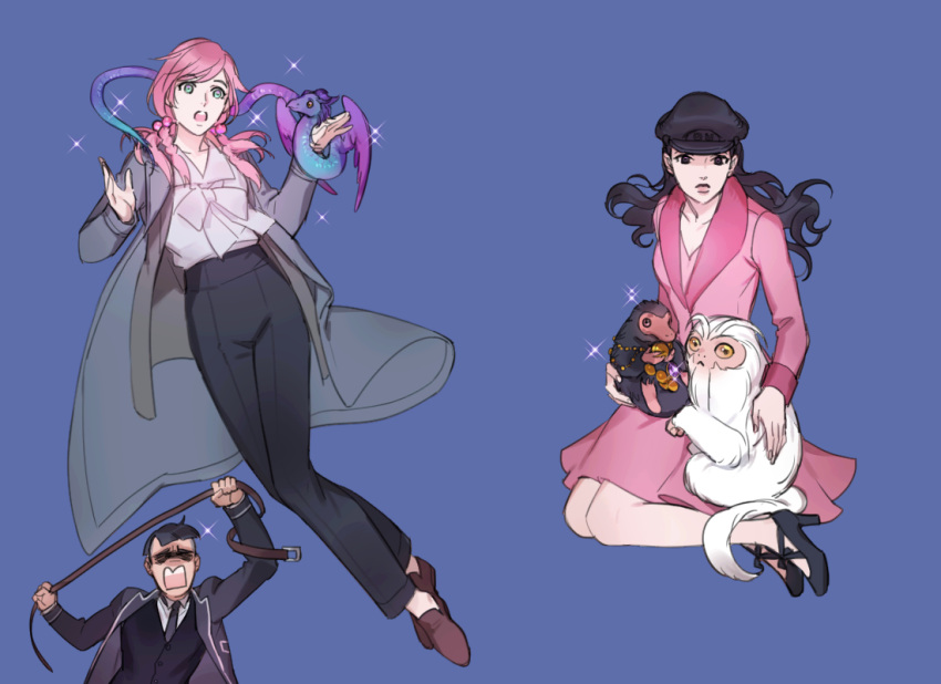 1boy, 2girls, aqua_eyes, belt, black_eyes, black_hair, braid, coat