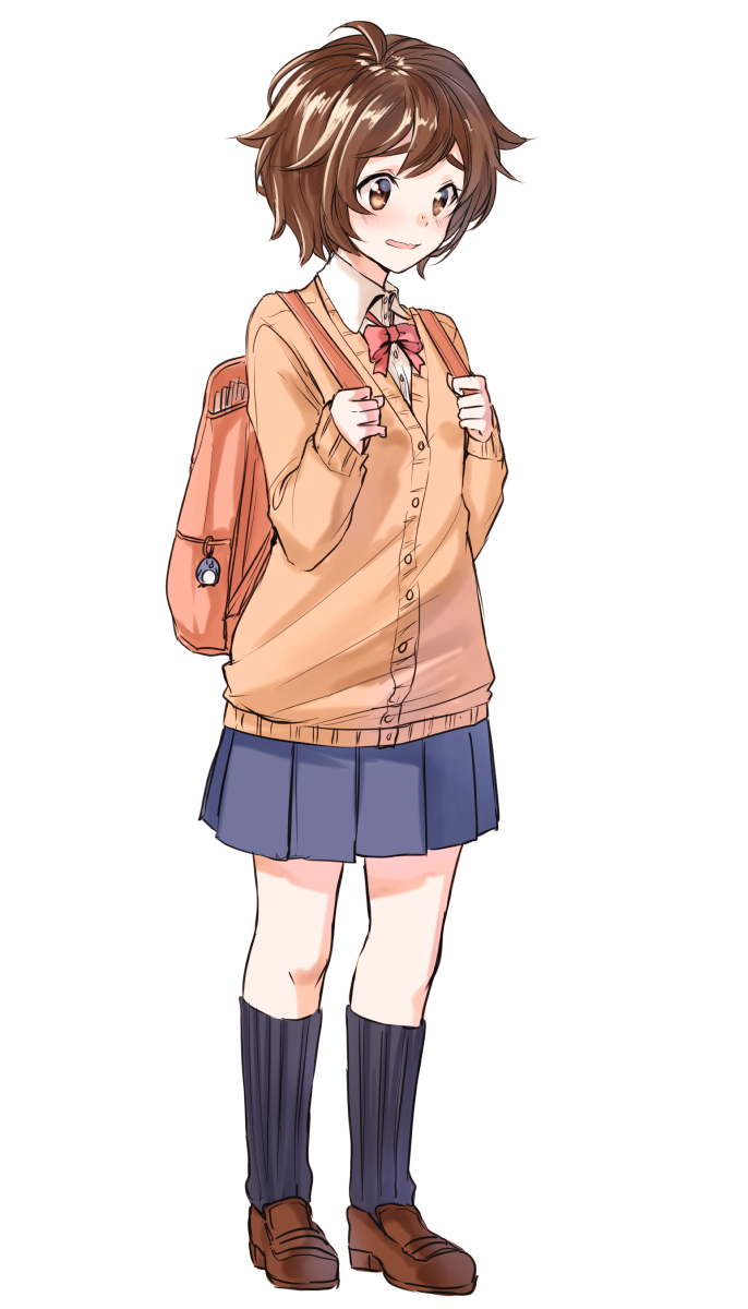 1girl, ahoge, backpack, bag, bag_charm, bangs, bird, black_legwear