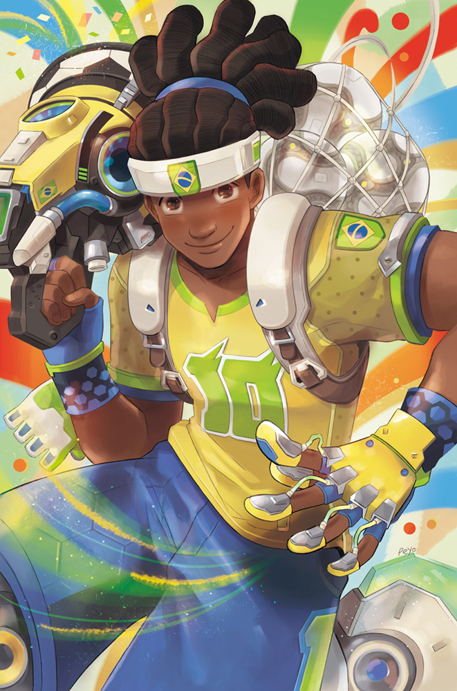 alternate_costume, ball, brazil, brown_hair, dark_skin, gloves, gun, hairlocs, headband, long_hair, lucio_(overwatch), mismatched_gloves, net, overwatch, peyoberry, selecao_lucio, shirt, shorts, smile, soccer_ball, soccer_uniform, solo, sportswear, t-shirt, weapon