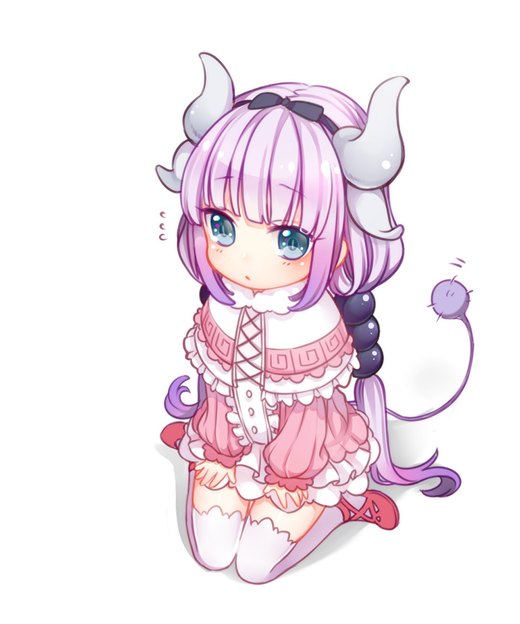 1girl, bangs, beads, blue_eyes, capelet, child, deanna_2, dragon_girl, flying_sweatdrops, frills, full_body, gradient_hair, hair_beads, hair_ornament, hairband, horns, kanna_kamui, kobayashi-san_chi_no_maidragon, lavender_hair, long_hair, looking_at_viewer, low_twintails, multicolored_hair, seiza, sitting, solo, tail, thigh-highs, twintails, very_long_hair, white_legwear