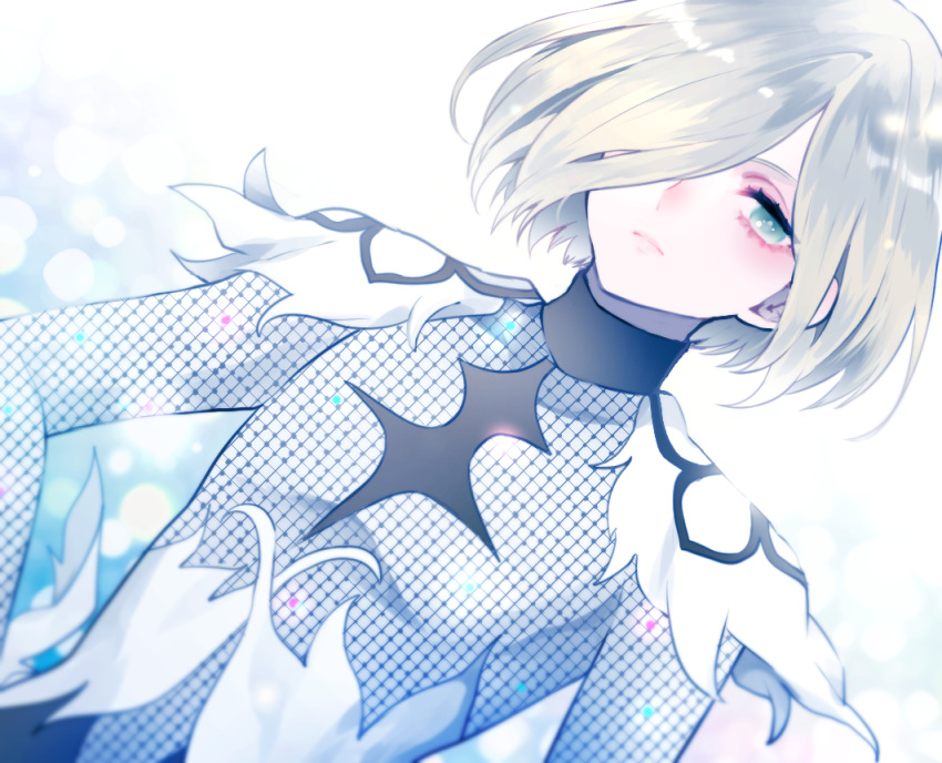 1boy, androgynous, bisco9skm, blonde_hair, bodysuit, dutch_angle, green_eyes, hair_over_one_eye