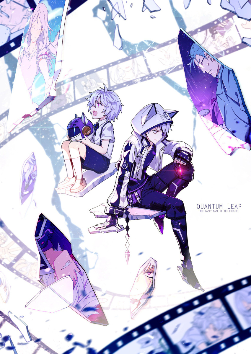 1girl, 3boys, add_(elsword), age_progression, animal_hood, boots, cat_hood, diabolic_esper_(elsword)